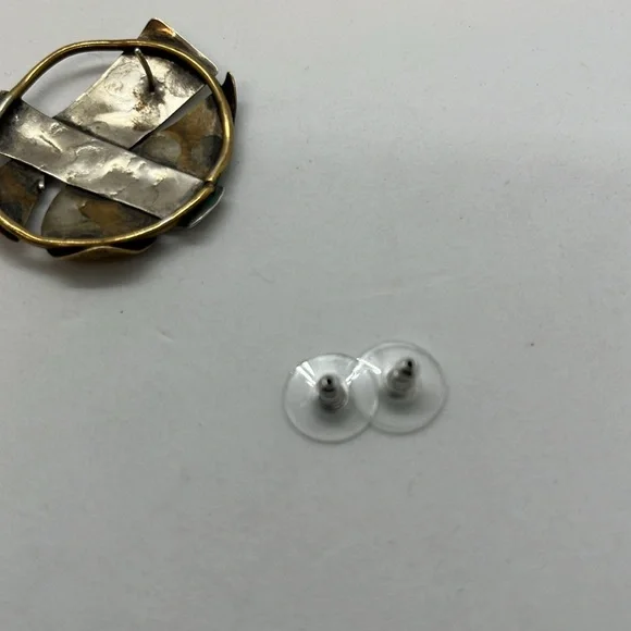 Brutalist artisan silver and brass post earrings - Picture 6 of 7